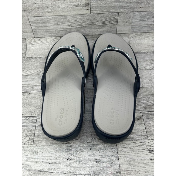 Crocs Women's Thong Sandals Flip Flops Embellished Wedge Navy Blue Size 8 - Picture 9 of 12